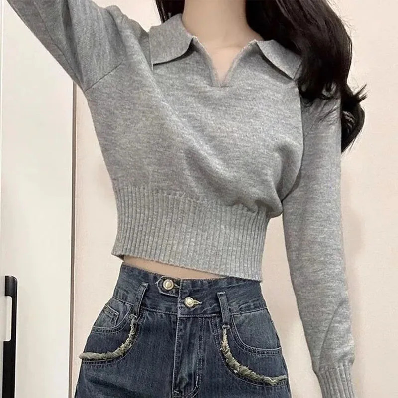Xpqbb Korean Chic Turndown Collar Sweaters Female Gray Slim Fit Long Sleeve Cropped Sweater for Woman Streetwear Knit Pullovers 250815