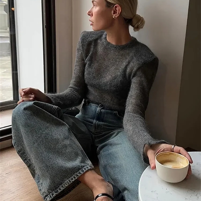 Fashion Solid Round Neck Thin Knitted Sweater Elegant Long Sleeve Bodycon Pullover Autumn Lady Commuting Street Outwear 250827