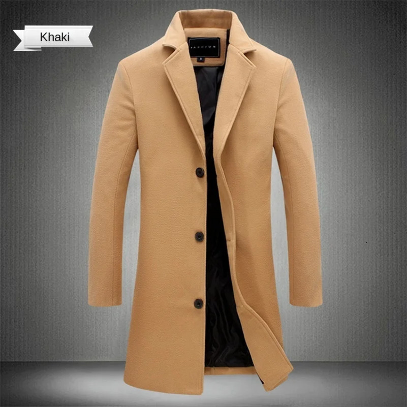 Spring Autumn Long Cotton Coat Wool Blend Pure Color Casual Business Fashion Mens Clothing Slim Windbreaker Jacket 250828