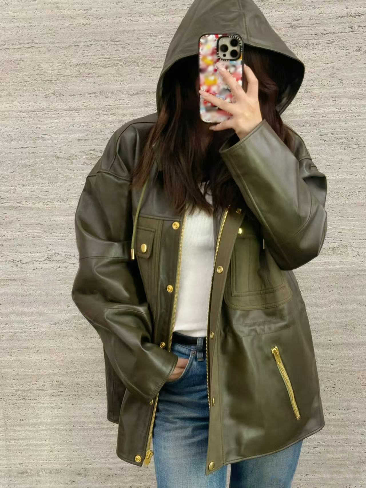 Green trench coat women designer Sheepskin fabric Patchwork Hooded Windbreak Drawstring waist premium fashion Classical jacket