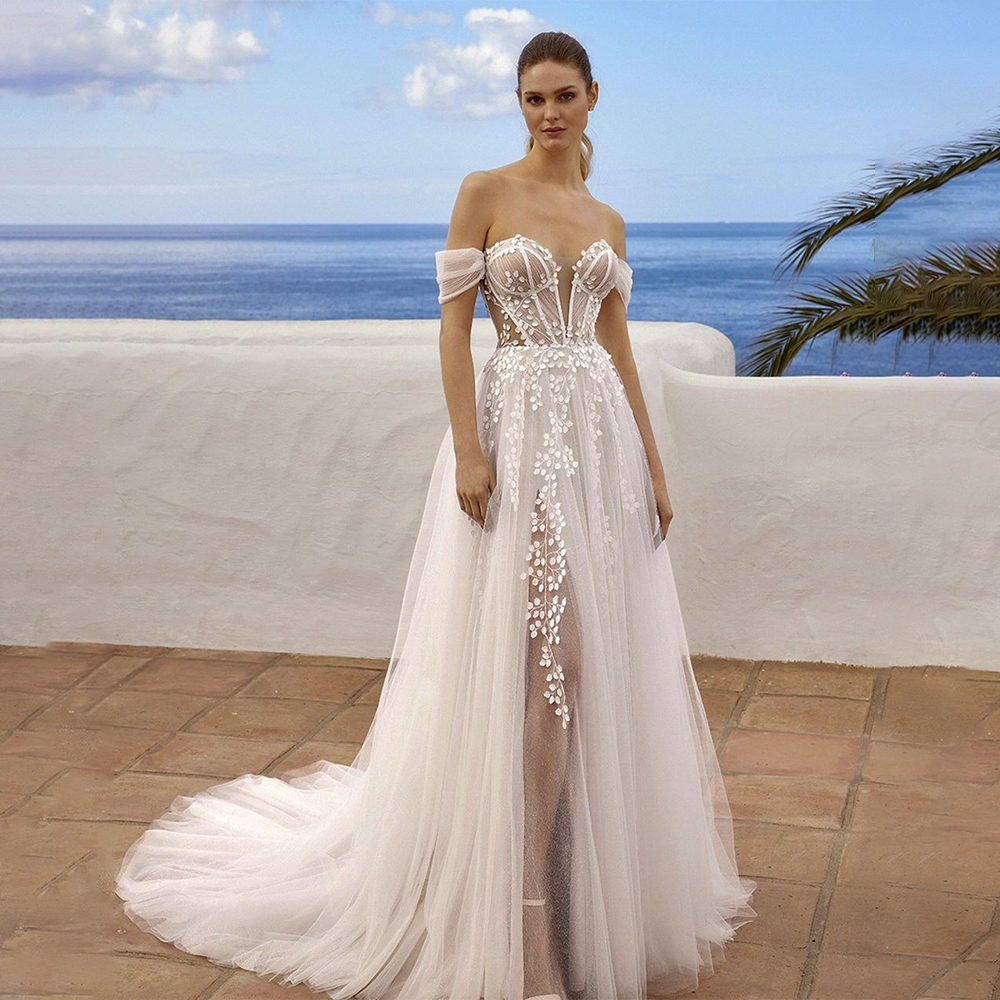 Charming Off The Shoulder Sweethart 3D Flower Lace Boho Beach A Line Wedding Dresses Side Slit Backless Custom Made Color/Size