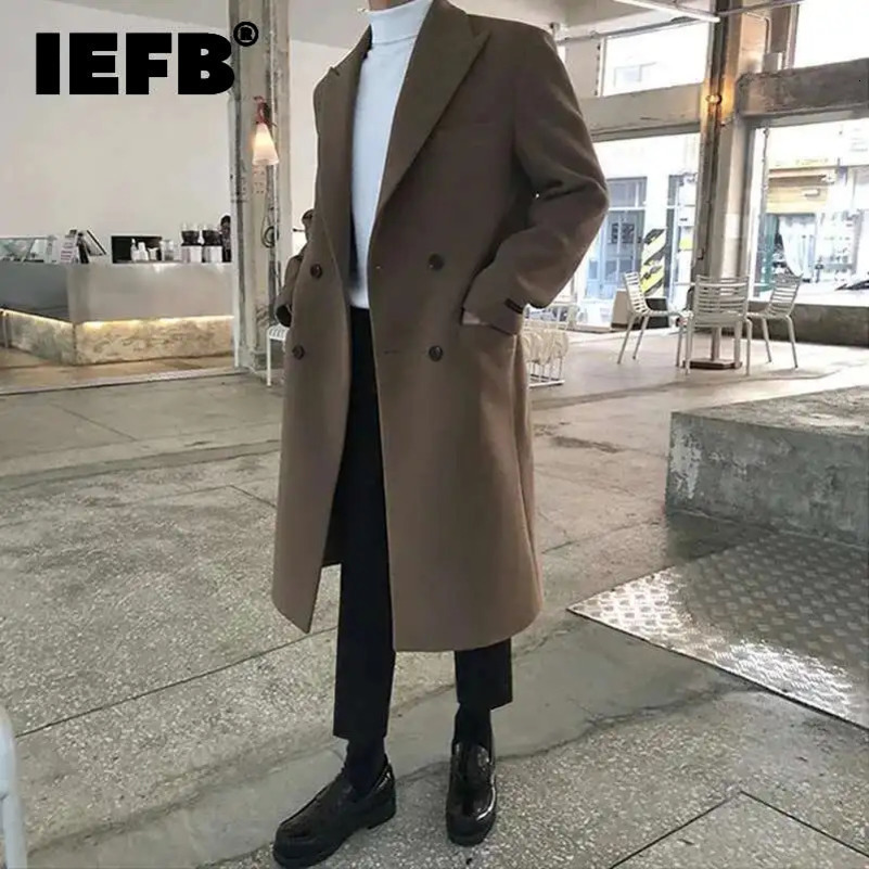 IEFB Korean Chic Mens Woolen Coat Solid Color Male Overcoat Double Breasted Men Clothing Winter Spring Lapel Trench 9D1681 250828