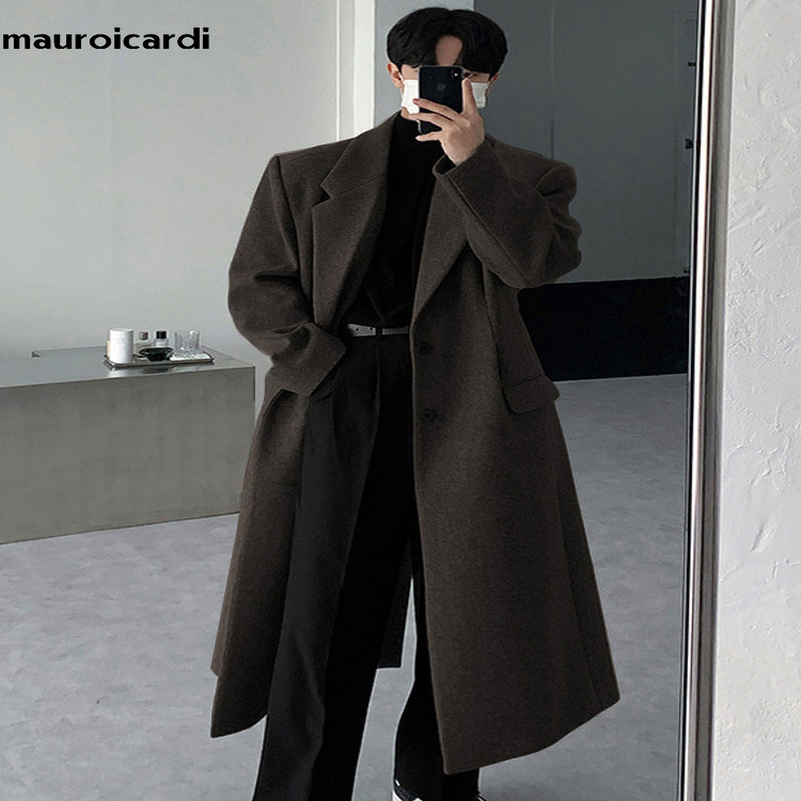 Mauroicardi Autumn Winter Long Thick Warm Soft Fitted Woolen Coat Men Single Breasted Cool y Chic Wool Blends Overcoat 250828