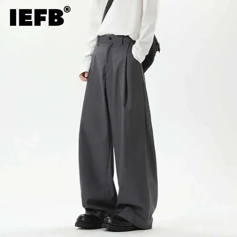 IEFB American Style Mens Suit Trousers Pleated n Wide Leg Solid Color Button Casual Bottom Straight Male Pants 9W766 250828