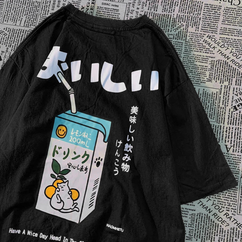 Cute Japanese Cat Print Oversized Tshirt men Women Short Sleeve Loose Casual Tee Shirt Streetwear Tops Cotton Harajuku Clothing 250828