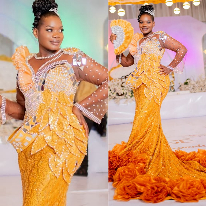 Stylish Classic Aso Ebi Prom Dress 2025 Mermaid Evening Dresses Robe De Sorrie Sheer Neck Long Sleeves Beaded Lace Birthday Dress Second Reception G