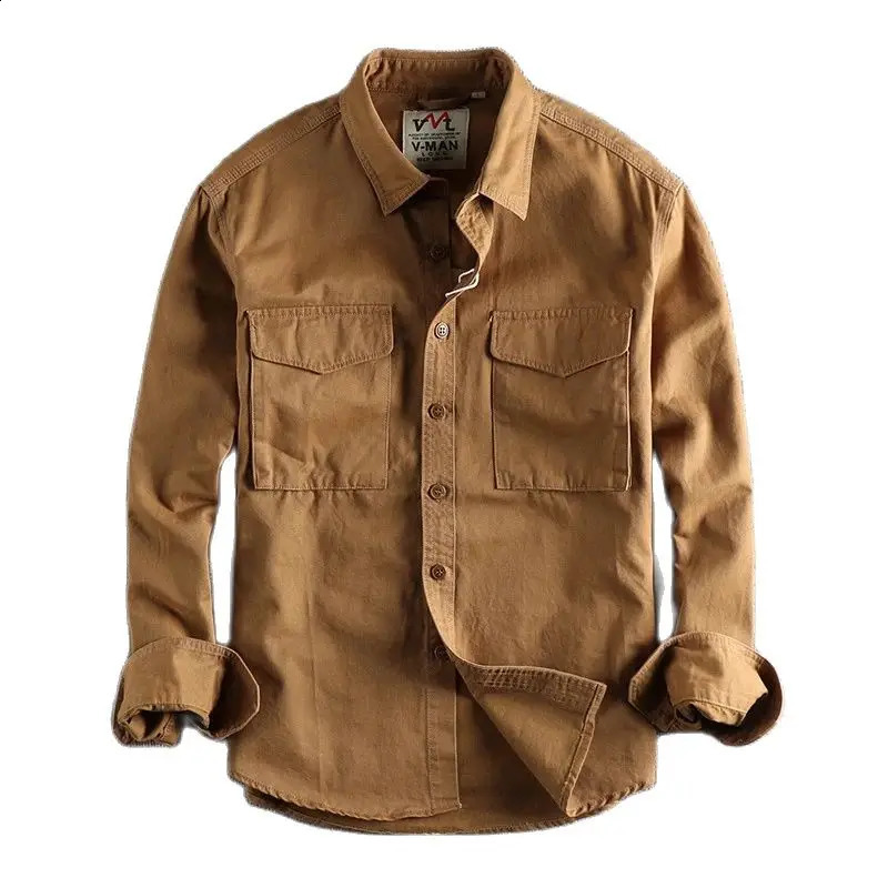 Cargo Shirt For Men Long Sleeve Premium Cotton Solid Color Washing Lapel Youth Japan Style Simple Handsome Boyfriend Clothing 250828