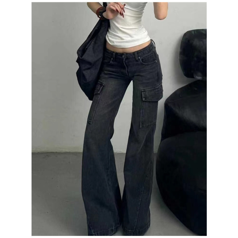 Black Womens Jeans High Waist Vintage Straight Winter Denim Pants Street Multiple Pockets American Wide Leg Baggy Trouser 250828