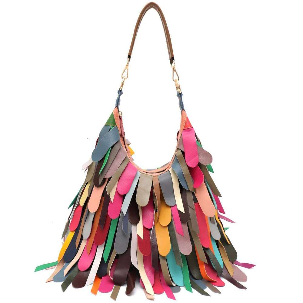 Designer Bags Women Daily Casual Slouchy Boho Style Colorful Real Sheepskin Tassel Fringe Hobo Shoulder Cross Body Bag Genuine Leather Handbag Luxur