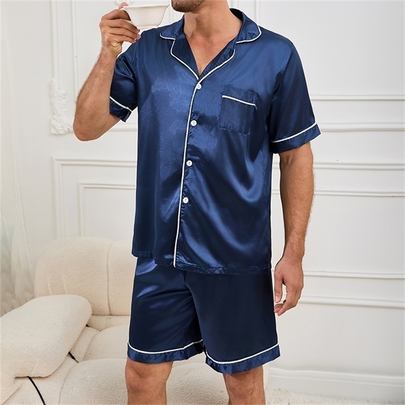 Men Satin Short Sleeve Pajama Set Summer Sleepwear for Man ButtonDown Shirt Elastic Waist Shorts Pajamas Home Clothes 2 Piece250827ww