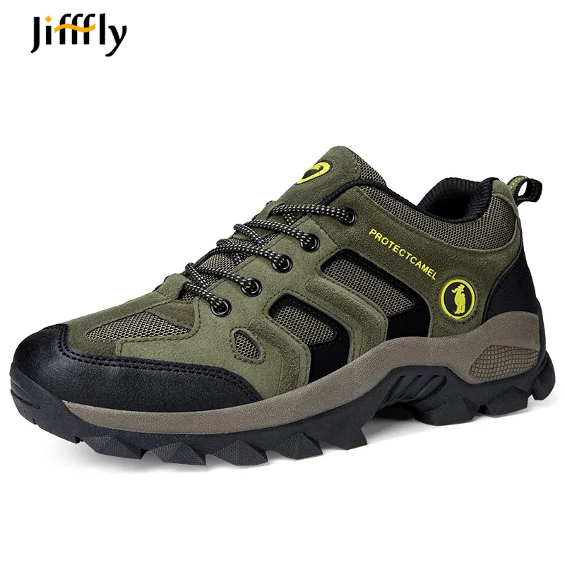Jifffly Men's Sport Hiking Shoes, Genuine Leather Mountaineering Boots with Breathable Mesh Lining, Lugged Outsole, Medium Width, Hook-and-Loop Clos