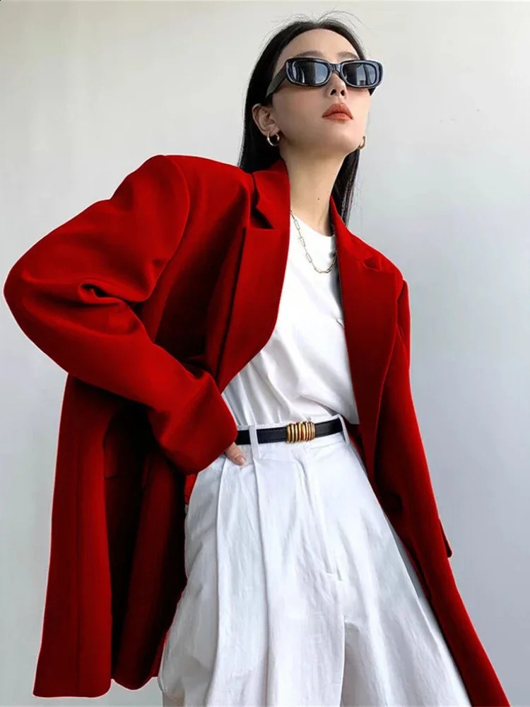 Fashion Street Wear Loose Long Sleeved Blazers AllMatch Casual Single Button Office Lady Coat Solid Vintage Womens Blazer 250828