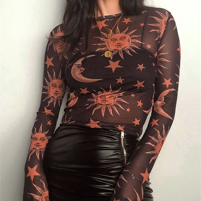 Sun Moon Printed Transparent Mesh Sexy TShirt Women ONeck Long Sleeve Slim Basic Casual Female Tops 2023 Spring y250828