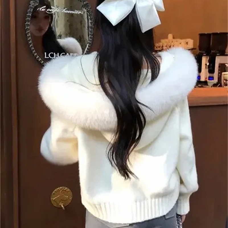 Fashion Fur Hooded Knitted Sweater Women Autumn Winter Chic Full Zip Casual Long Sleeve Cardigan Outwear Warm Knitwear 250828