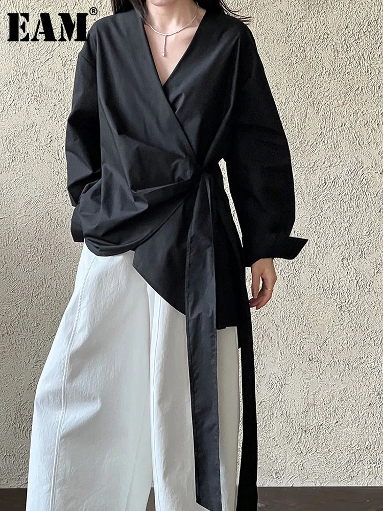 EAM Women Black Bandage Elegant Irregular Big Size Blouse Vneck Long Sleeve Shirt Fashion Spring Autumn 2025 1DJ0509 250828