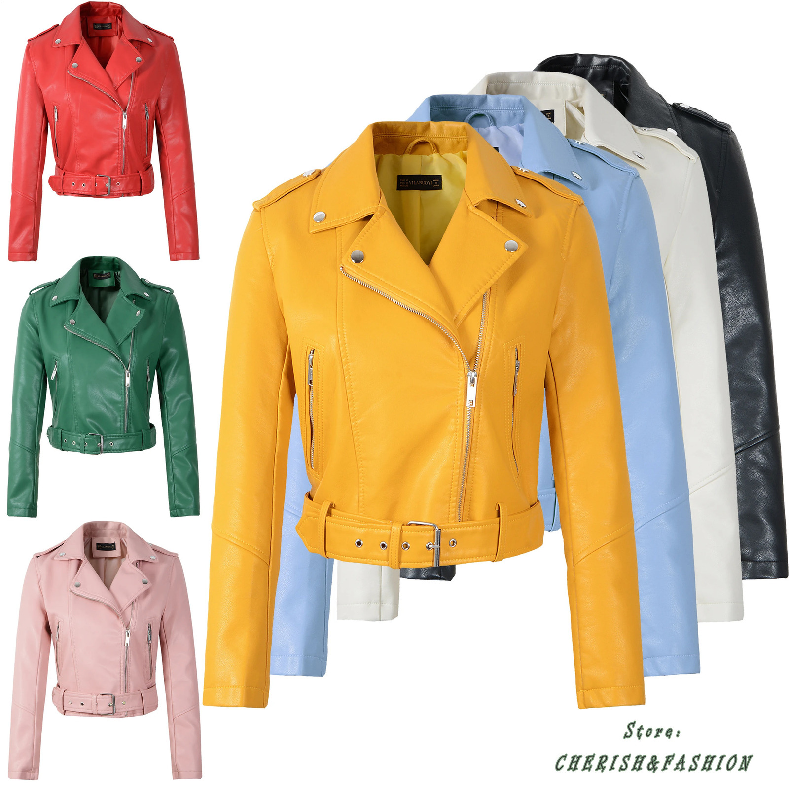 Fashion Women Motorcycle PU Leather Jackets Female Autumn Short Epaulet Zippers Coat Black White Pink Yellow Outwear 250828
