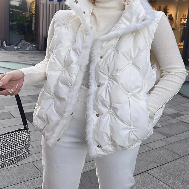 Autumn Winter Women Mink Hair Short Cotton Vest Female Embroidery Sleeveless Jacket Coat Stand Collar Button Korean Puffer Coat 250828