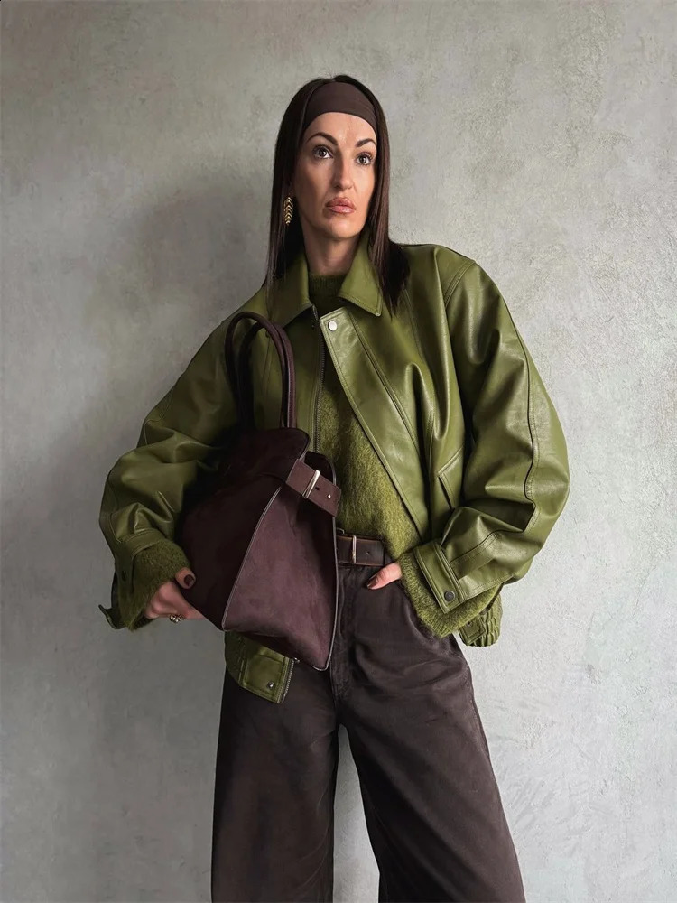 Green PU Leather Jacket Women Retro Laple Zipper Loose Full Sleeve Oversized Coat Female 2025 Fashion Lady Solid Streetwear 250828