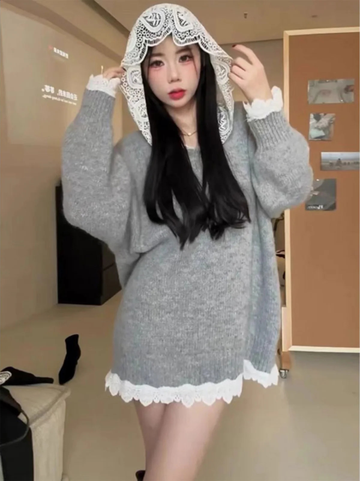 Women Grey Pullover Knitted Sweater Harajuku Y2k Long Sleeves Sweater Jumper 90s Vintage 2000s Aesthetic Female Clothes Autumn 250828