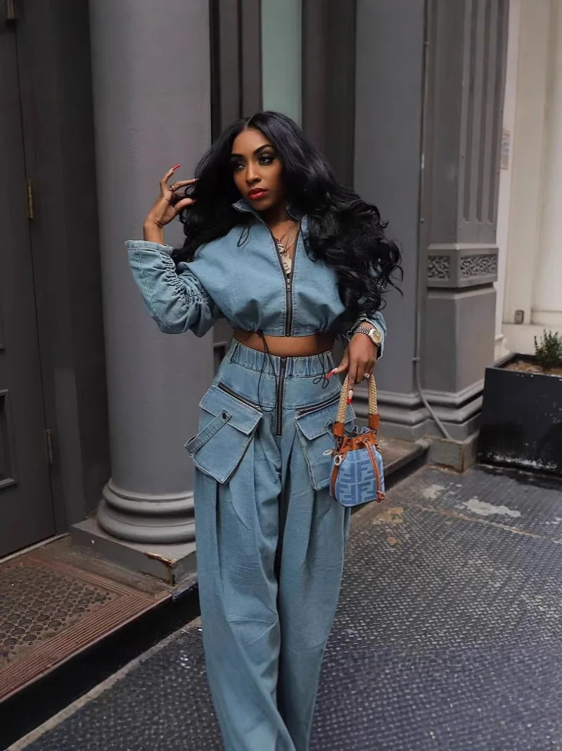 Denim 2 Piece Sets Women Vintage Wide Leg Pants Coat Outfits Zipper Pockets High Waist Floor Length Ensemble Streetwear Suit 250828