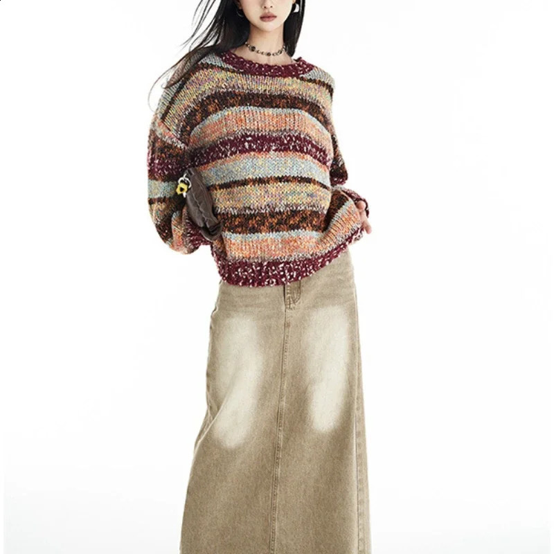 Contrast Color Striped Jumper Crew Neck Rainbow Pullovers Big Long Loose Sweater Autumn/Winter Women Knitted Clothing 250828