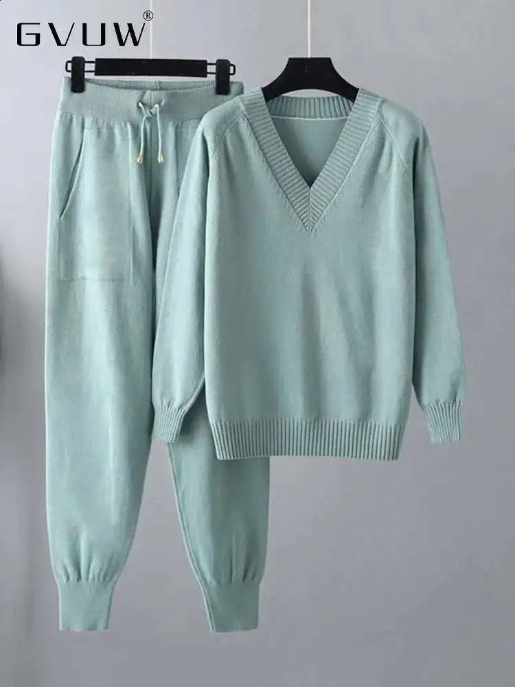 GVUW Knitted Women 2 Pieces Set Women V Neck Full Sleeve Sweater Pencil Pants Solid Color 2025 Female Clothing 17G7531 250828