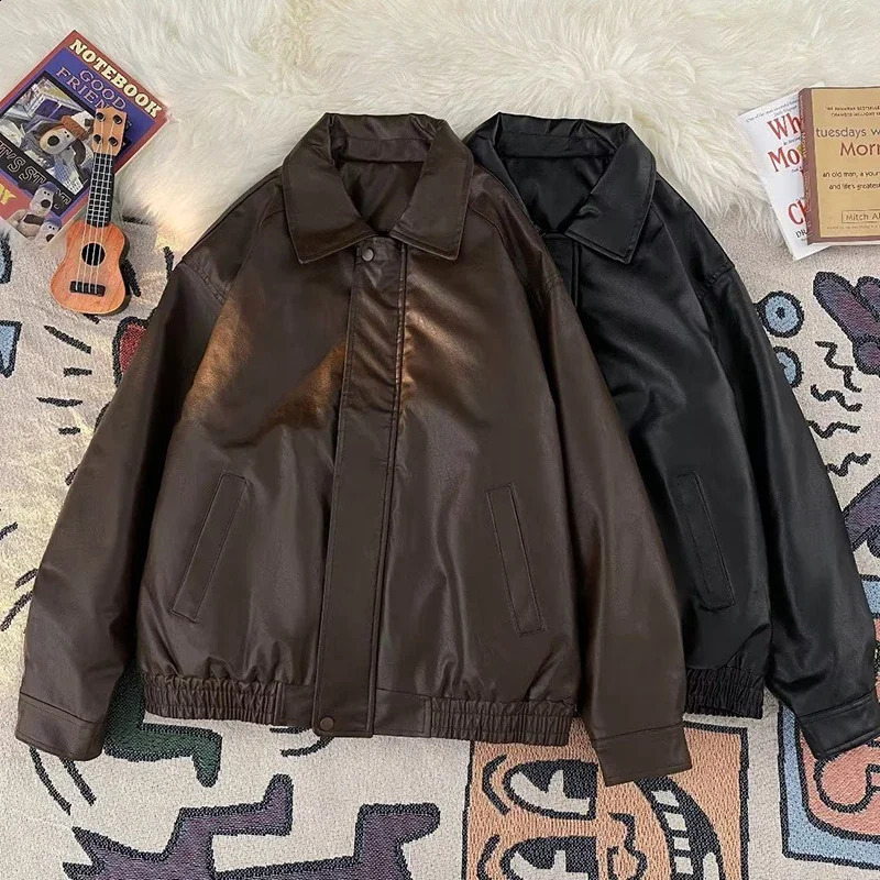 American Pu Leather Jackets Women Y2K Fashion Streetwear Zipper Moto Coats Bf Loose Lapel AllMatch Punk Bomber Outerwear 250828