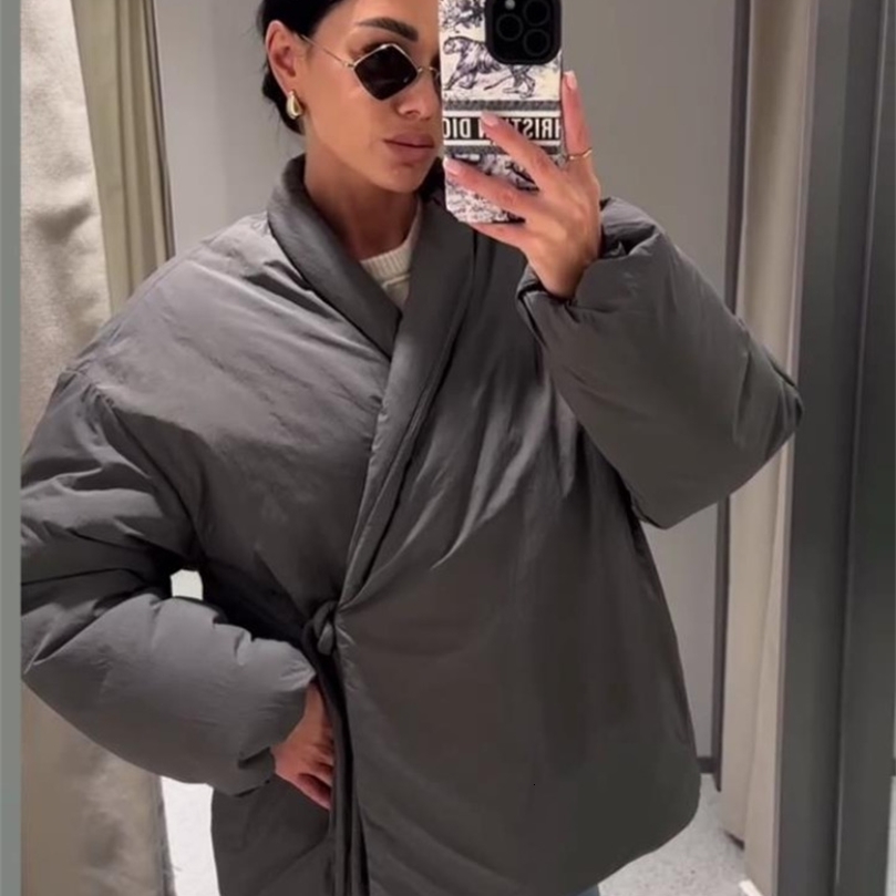 Casual Gray Lace Up Coat Women Cotton Vneck Pocket 2025 Autumn Thick Jackets Female Chic Street Allmatch Outwear Tops250828