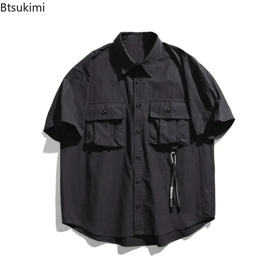 Mens Japanese Style Cargo Shirts Vintage Laple Short Sleeve 2025 Spring Summer Loose Casual Shirt Jacket Male Streetwear 250828