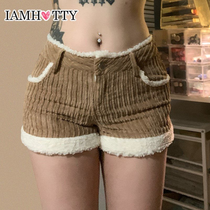 IAMTY Contrast Furry Patchwork Corduroy Shorts High Waist Skinny Booty Shorts Autumn Winter Retro Streetwear Pants Women 250828