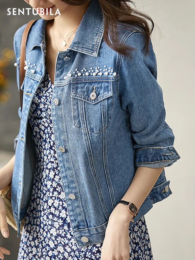 SENTUBILA Beading Denim Jackets Women 2025 Vintage Fashion Lapel Long Sleeve Cotton Jeans Jacket Woman Autumn Coat W23W42742 250828