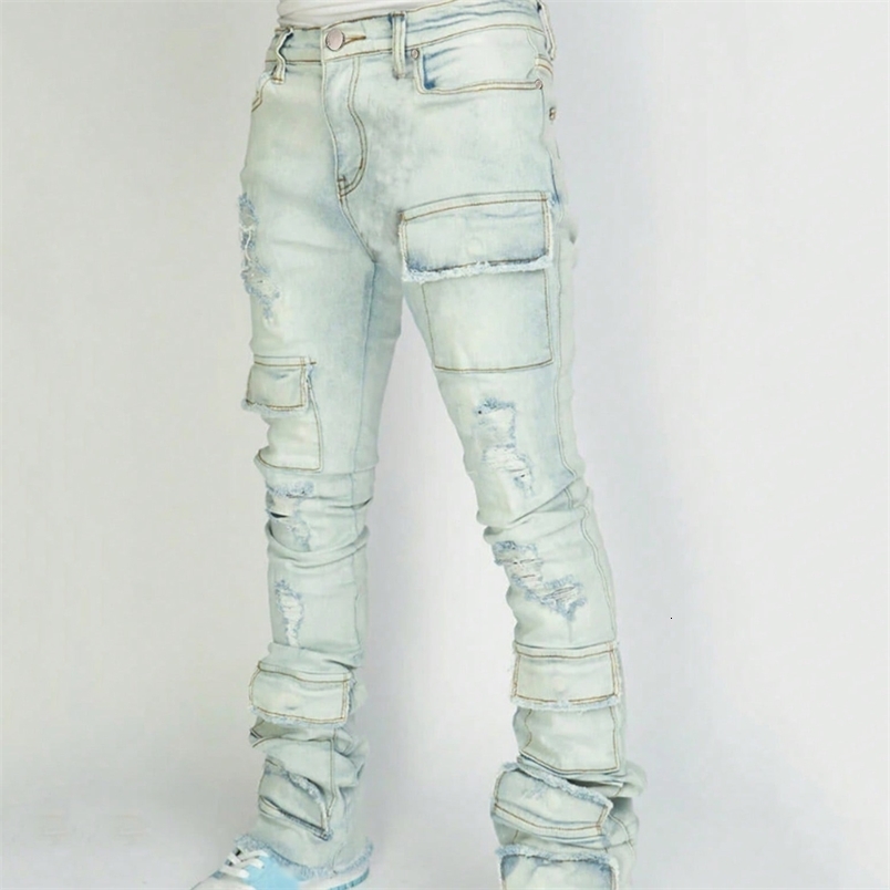 Mens Stacked Jeans Slim Fit Ripped Jeans Destroyed Straight Denim Pants Harajuku Hip Hop Trouser Fashion Streetwear250828