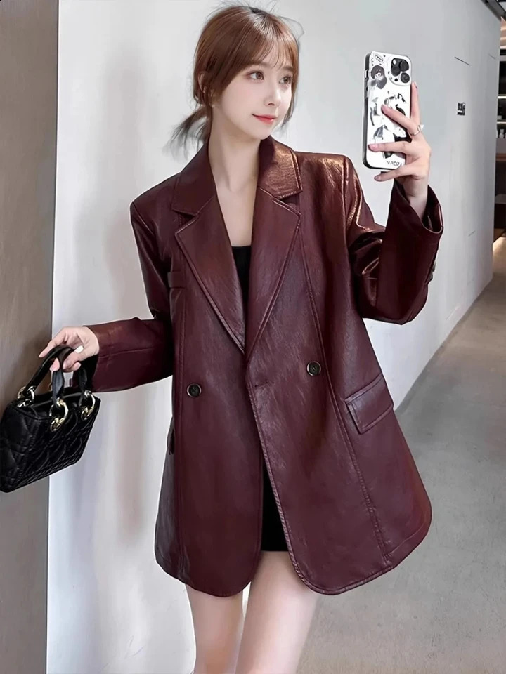 2025 Spring Autumn Ankela Red Retro High Grade Leather Jacket for Women Loose and Casual Skinny Leather Suit Trendy Blazer 250828