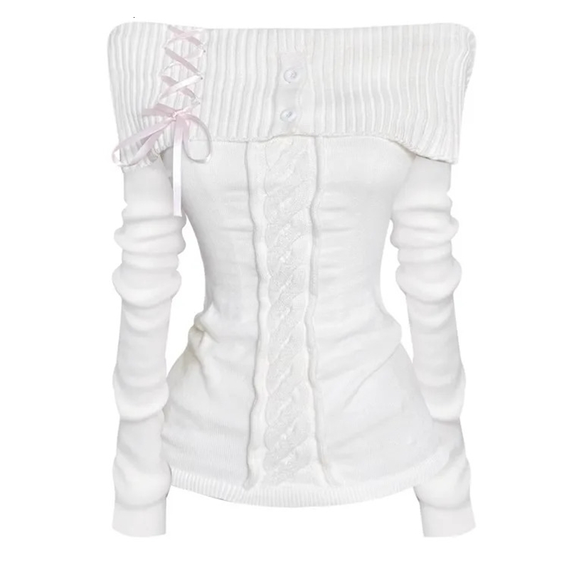 Women White Vintage Pullover Knit Sweater Y2k 90s Aesthetic Harajuku Elegant Long Sleeves Sweaters Fashion 2000s Clothes Autumn 250828