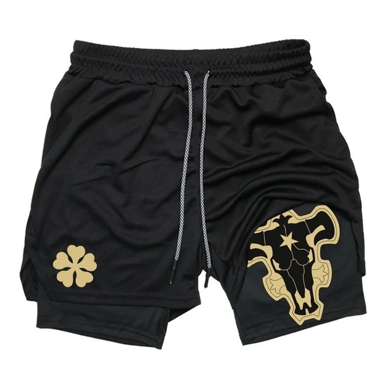 Summer Black Fiveleaf Clover Printed Mens and Womens Shorts Doublelayer Loose Sports Casual Pants for Beach Fitness y250828