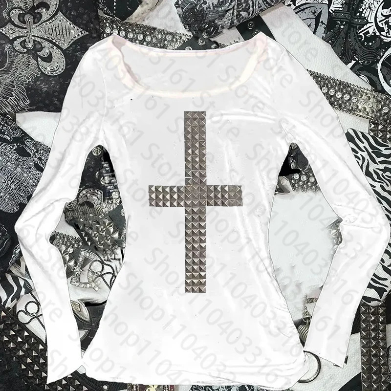 Gothic Grunge Punk Emo Girls Long Sleeve TShirt Sexy Slim Chic Print Casual Crop Tops Y2K Harajuku Aesthetic Womens Streetwear 250828