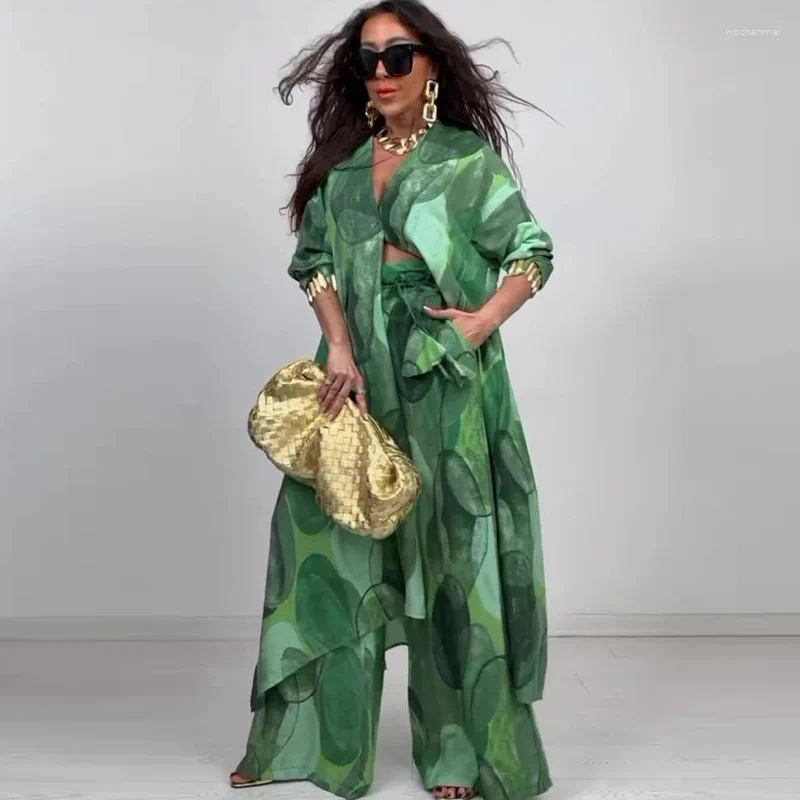 Women's Two Piece Pants Women Pieces Pant Sets Print Cardigan Long Shirts Loose V Neck Button Shirt Spliced Casual Wide Leg Suits Lady