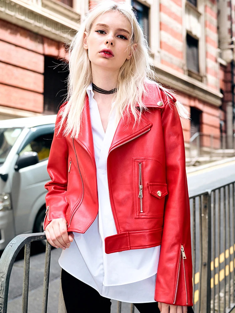 Fitaylor Autumn Winter Women Faux PU Leather Coat Casual Lady Red Motorcycle Jacket Vintage Lapel Short Biker Jacket 250828
