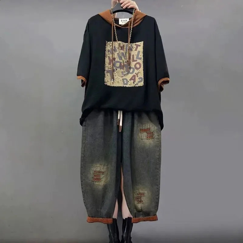 Jeans Set Women Denim Pants Two Piece Set 2025 Loose Plus size Casual Suit Female Fashion Hooded Printed Jeans Sets 250828