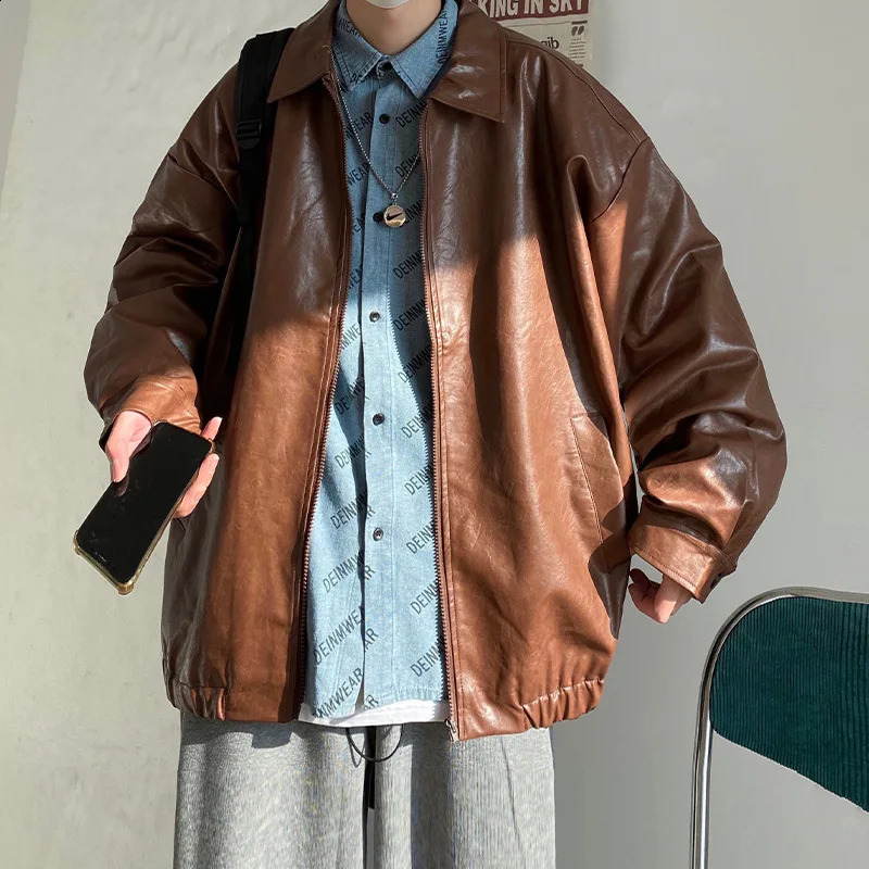 Japanese Leather Jacket Mens Trend Street Ruffian Handsome Motorcycle Wind Coat Spring Autumn Loose Senior Casual Lapel Top 250828