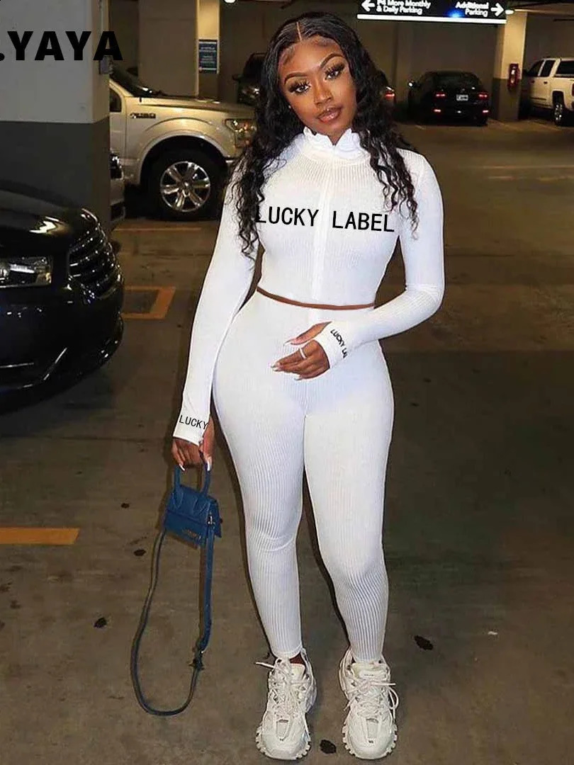 CM.YAYA Active Lucky Label Embroidery Knitted Women Set Zipper Tops Legging Pant Set Tracksuit Outfit Matching Two 2 Piece Set 250828