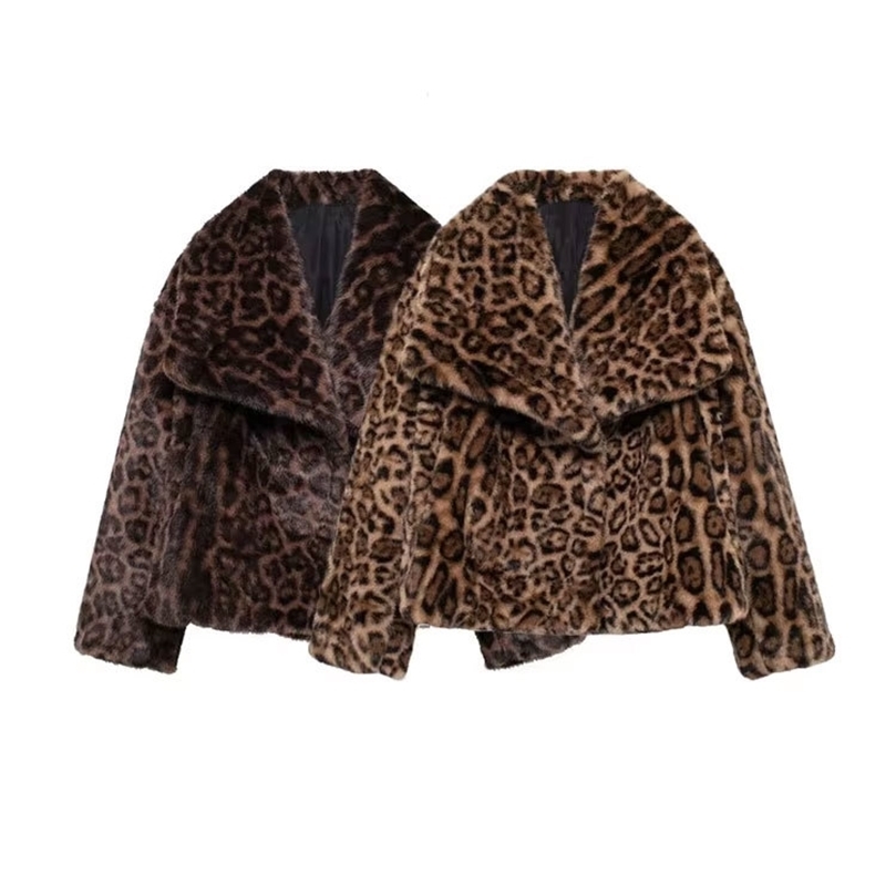 TRZAWomens Thick Warm Leopard Faux Fur Jacket Lapel Collar Coat Long Sleeve Female Outerwear Chic Tops Fashion250828