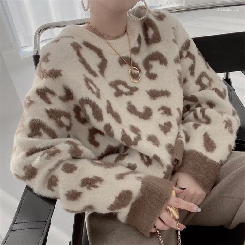 Women's Sweaters Women Pullover Sweater Leopard Knitted Jumper Color Blocked Long Sleeve Round Neck Loose Fit Casual Office Lady 2025 Autumn