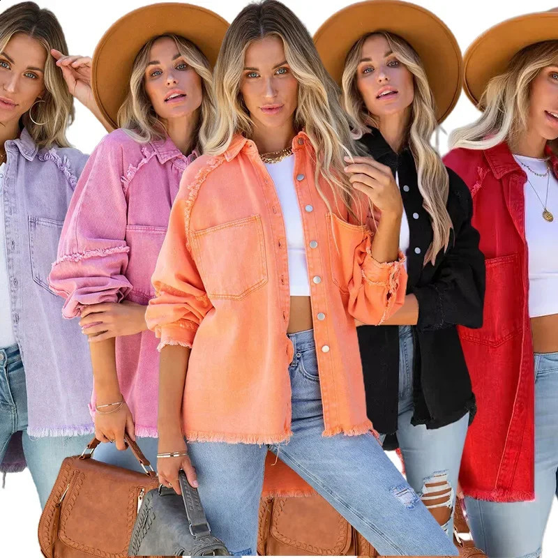 Loose Fit MidLength Denim Jacket Womens Spring Autumn Winter Style Pocket n Frayed Hemline Casual Outerwear 250828