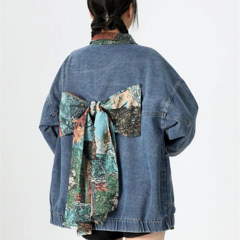 Womens Cartoon Cat Jacket 2025 Woman Lantern Bubble Sleeve Jackets Female Denim Coats Fashion Jeans Jacket 250828