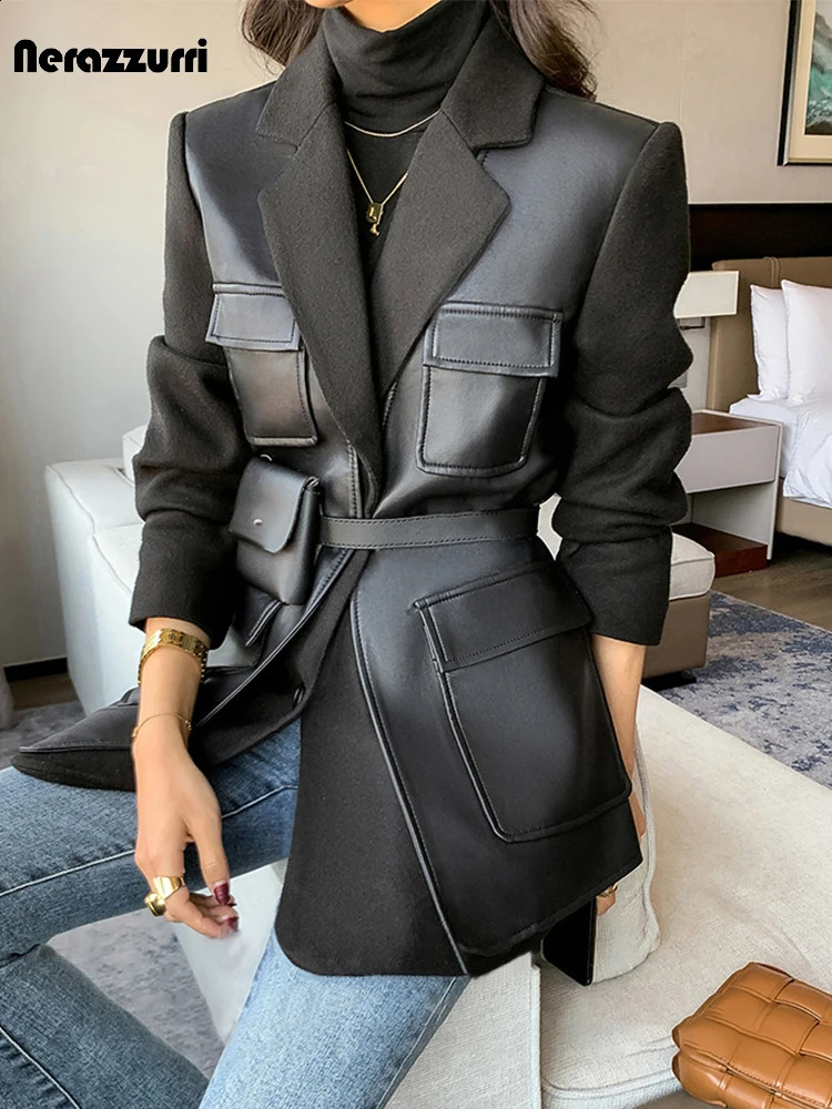 Nerazzurri Autumn Black Wool Blends Patchwork Leather Jacket Women with Many Pockets Long Sleeve Korean Fashion Streetwear 250828
