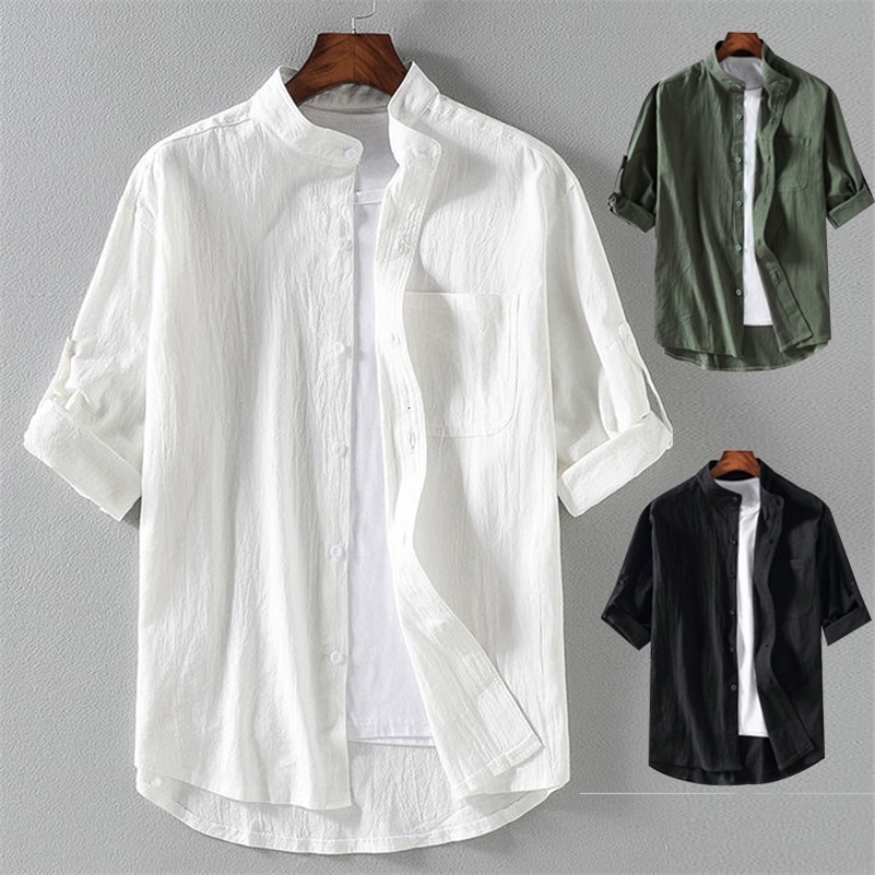 Spring and Summer Stand Collar Fivepoint Midsleeve Fashionable Mens Shortsleeved Shirt Sevenpoint Sleeve Large Size y250828