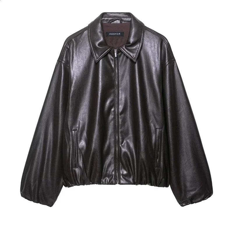 Womens Jacket Fall 2025 Dark Brown LongSleeved Faux Leather Bomber Jacket Casual Fashion Simple Personality 250828