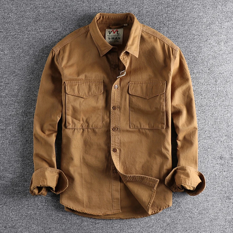 Spring Japanese Retro LongSleeve Lapel Woven Cargo Shirt Mens Simple 100 Cotton Washed Double Pocket Casual Youth Blouses 250828