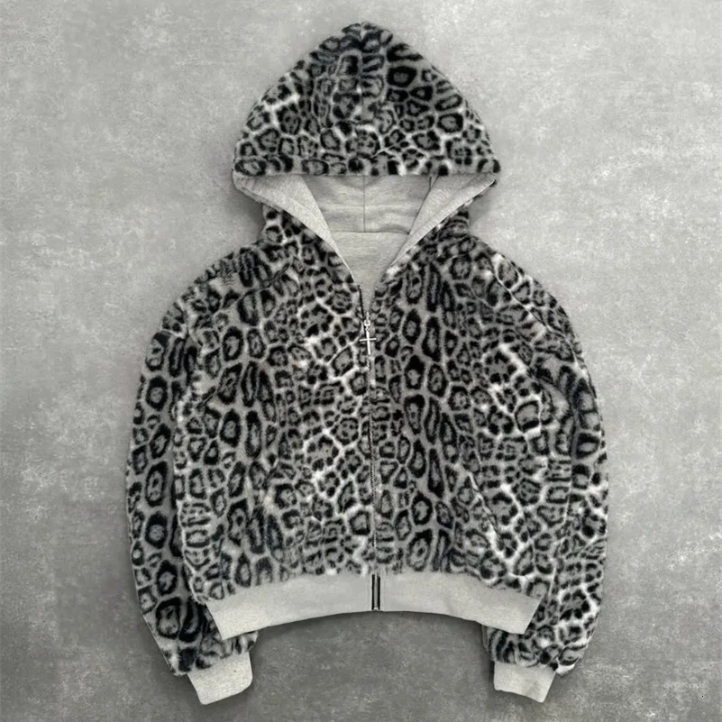 Twosided Clothing Harajuku Retro Leopard Print Fashionable Loose Zipper Hoodie Men Street Hiphop Casual Sweatshirt Women 250828